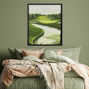 a painting of a green golf course on a wall above a bed