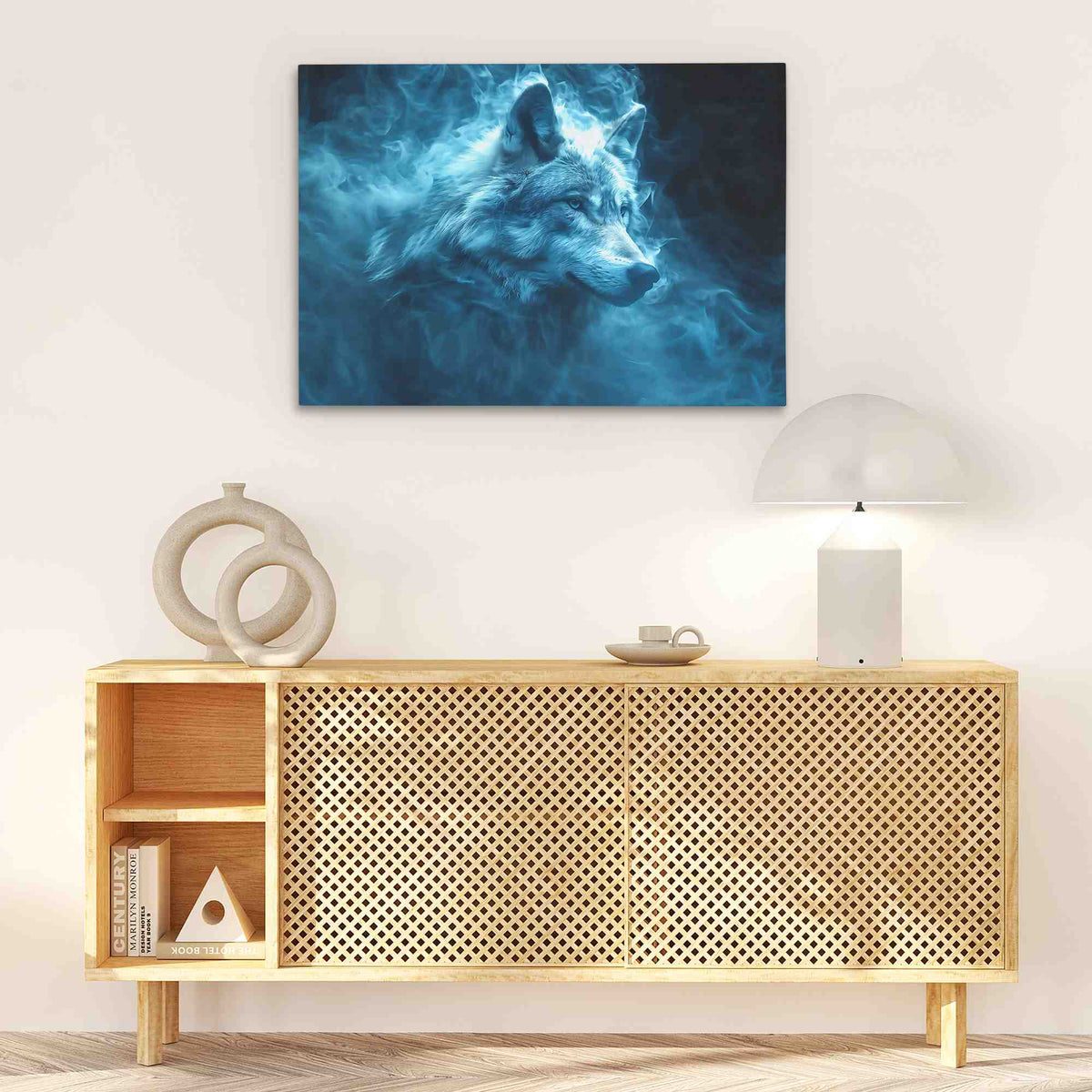 a painting on a wall above a wooden cabinet