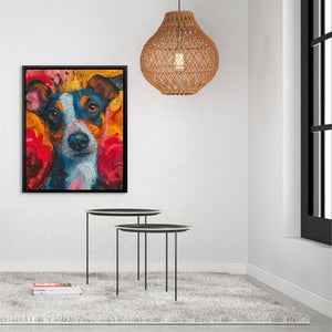 a painting of a dog on a wall next to a table