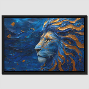 a painting of a lion's head with a blue background