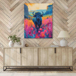 a painting of a bull in a field of flowers