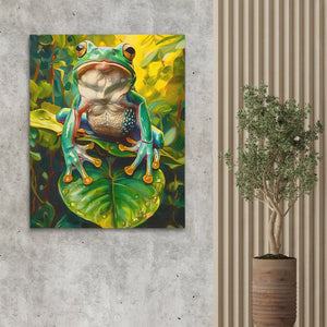 a painting of a frog sitting on a leaf