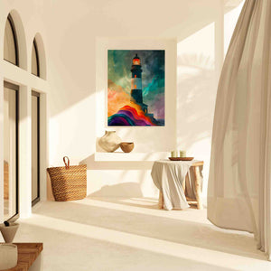 a painting of a lighthouse on a white wall