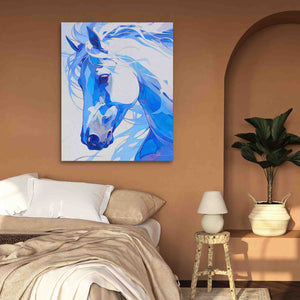 a painting of a horse on a wall above a bed