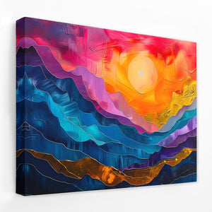 a painting on a wall of a colorful sunset