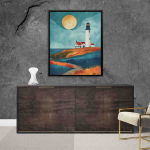 a painting of a lighthouse on a wall above a dresser