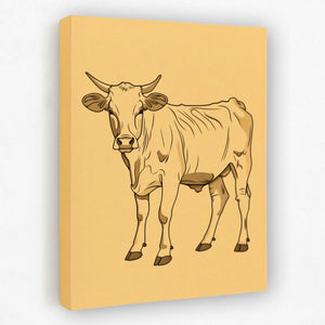 a drawing of a cow on a yellow background