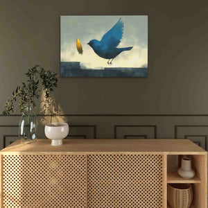 a painting of a bird on a wall above a wooden cabinet