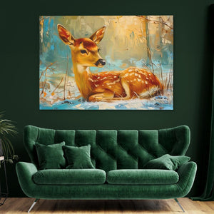 a painting of a deer laying down in the snow