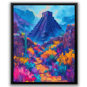 a painting of a pyramid in the desert