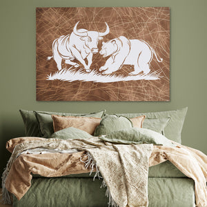 a picture of two rhinos on a wall above a bed