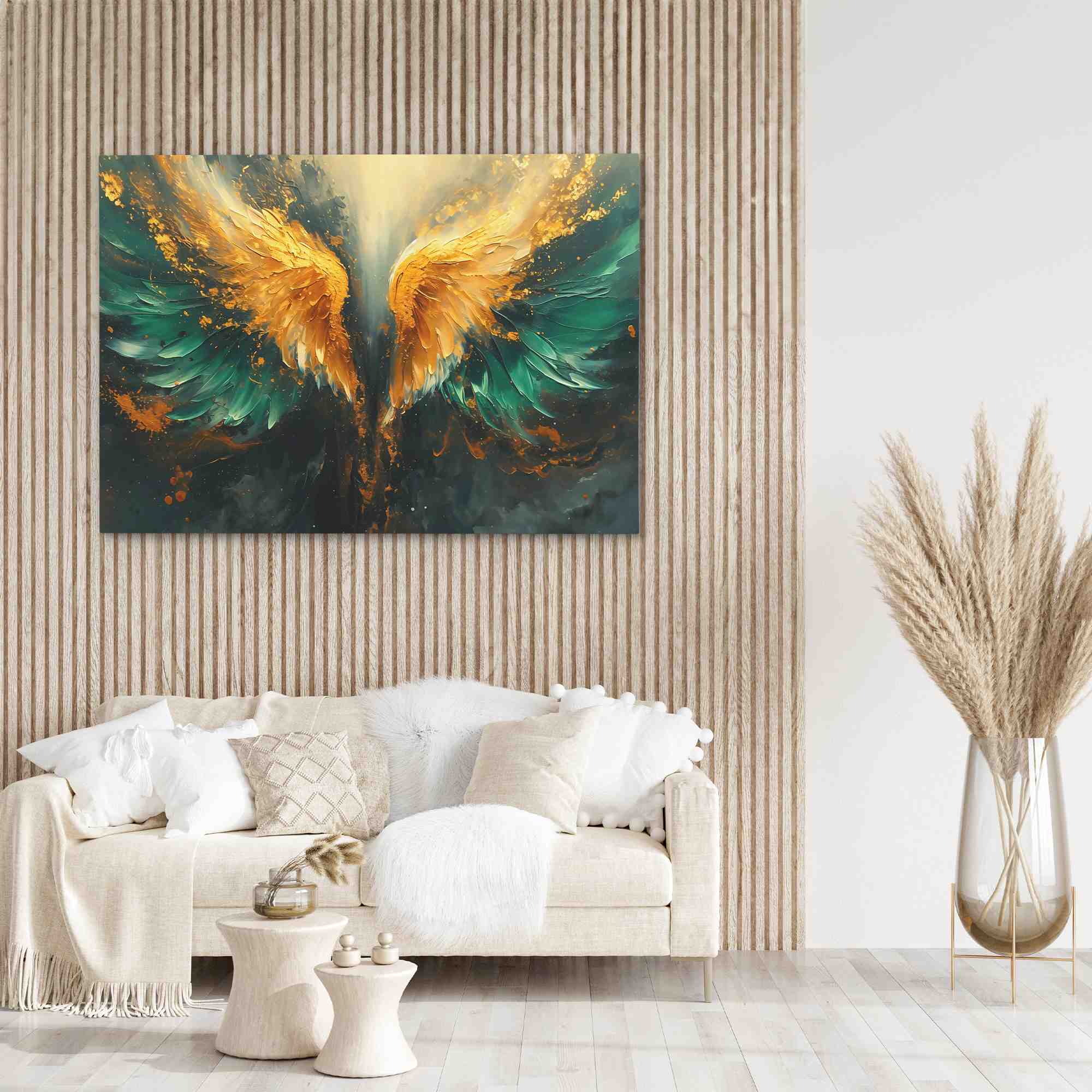 a painting of a golden and green angel wings