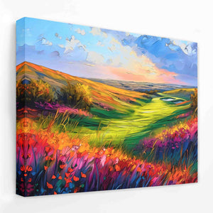 a painting of a field of flowers with a blue sky in the background