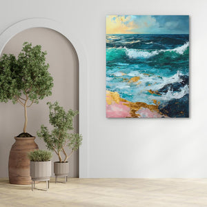 a painting hanging on a wall next to a potted plant