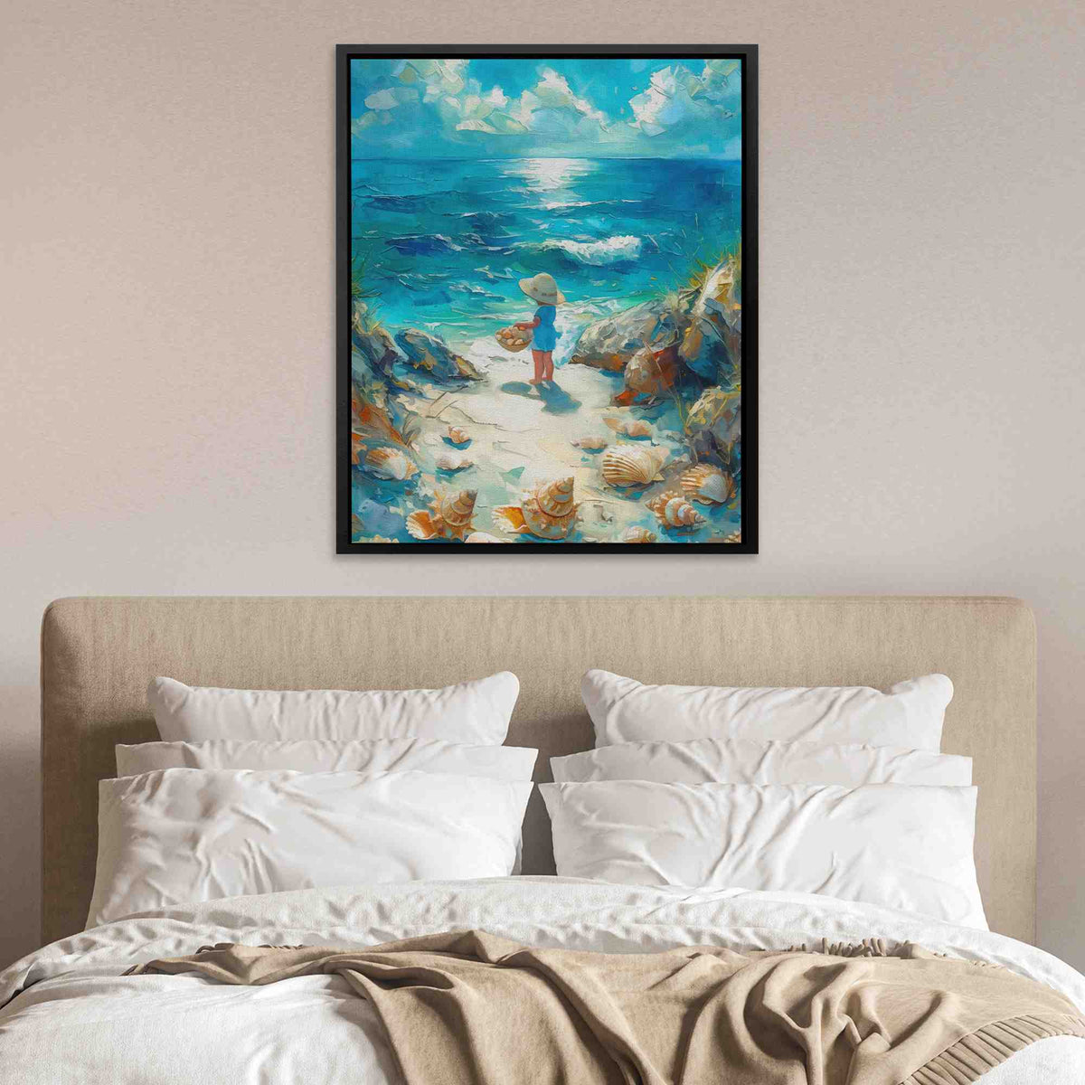 a painting of a man and a woman standing on a beach