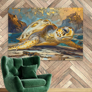 Golden Glow Turtle on a Beach Art Print - Luxury Wall Art 