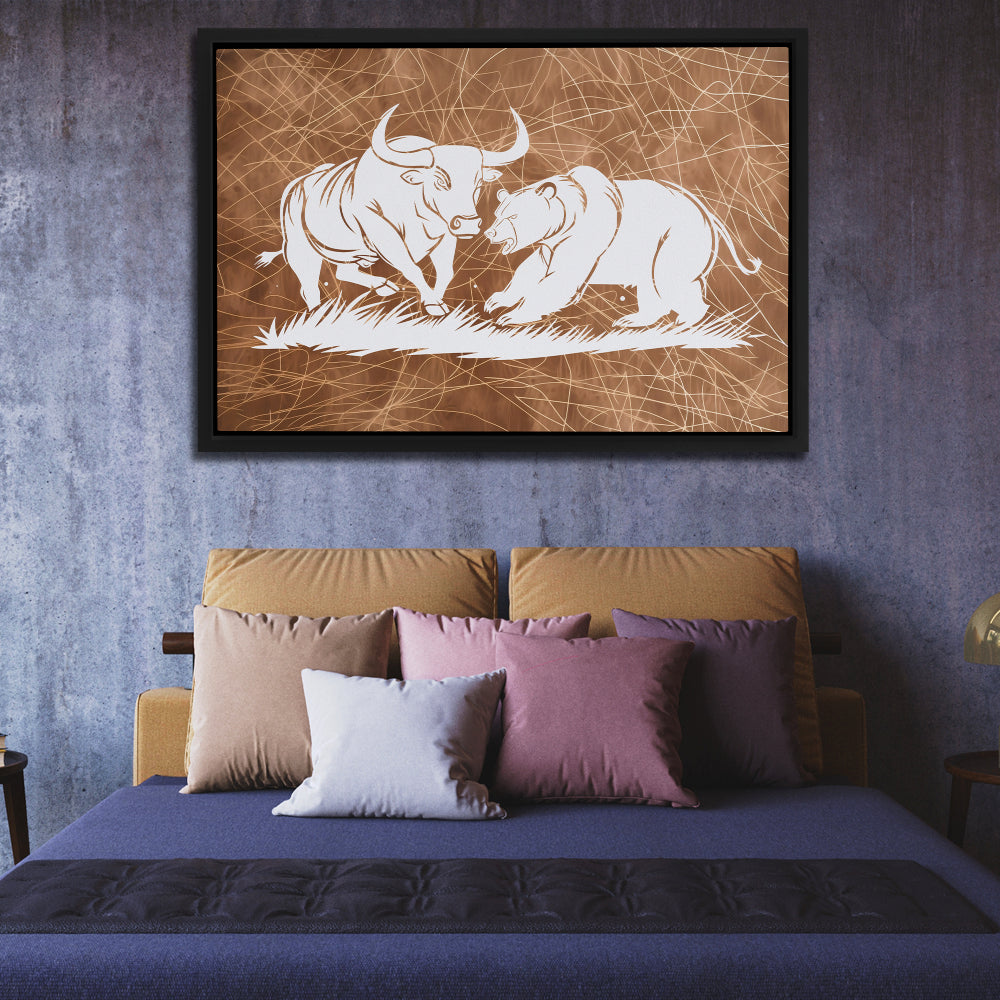 a drawing of a bull and a bear on a brown background