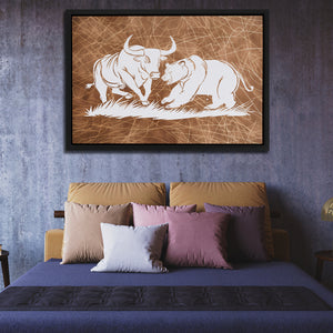 a picture of two rhinos on a wall above a bed