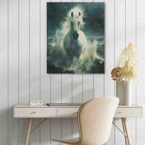 a painting of a horse on a wall above a desk