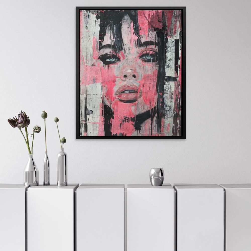 a painting of a woman's face on a pink background