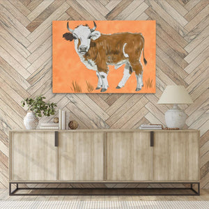 a painting of a cow on an orange background