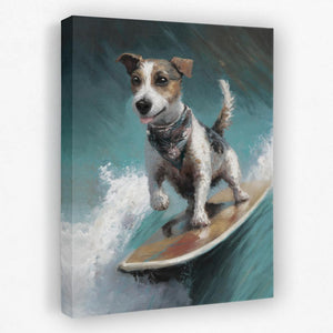 a painting of a dog on a surfboard riding a wave