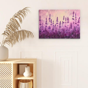 a painting of purple flowers on a white wall