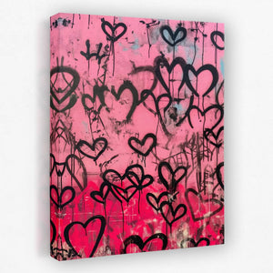 a pink and black painting with hearts on it