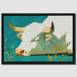 a painting of a cow laying down in the grass