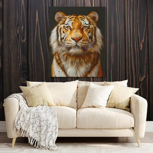 a living room with a couch and a painting of a tiger