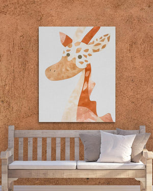 a painting of a giraffe on a wall above a bench