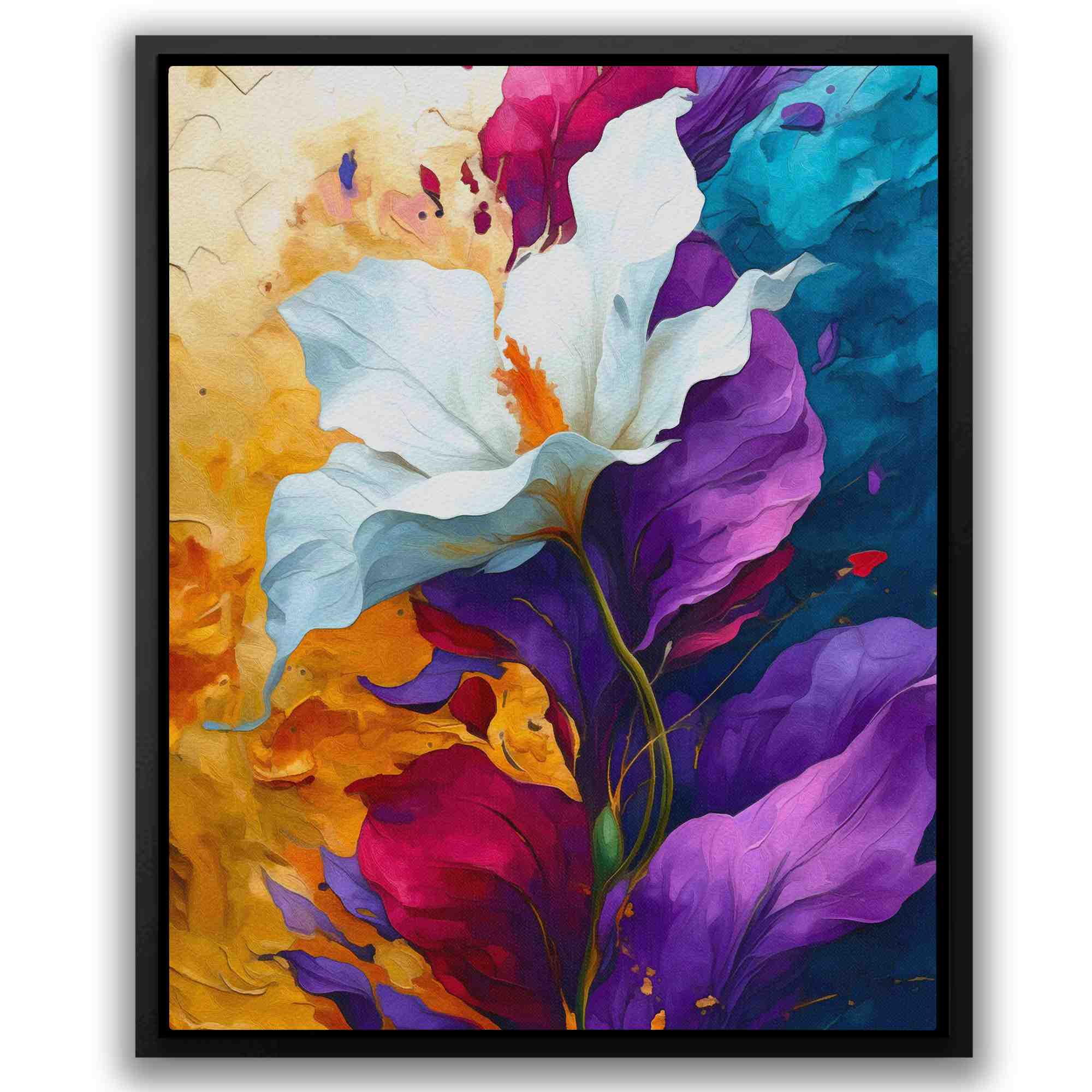 a painting of white and purple flowers on a white wall