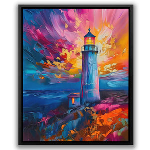 a painting of a lighthouse in the sunset