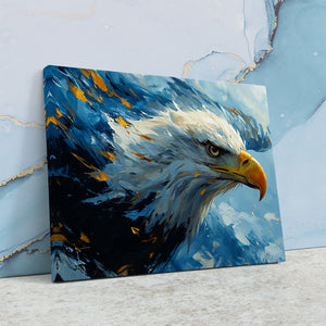 a painting of a bald eagle on a blue background