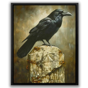 a painting of a black bird sitting on a rock