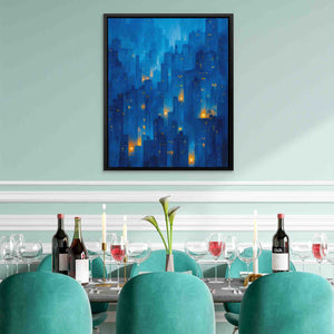 a painting of a cityscape is hanging above a dining room table
