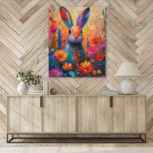 a painting of a rabbit on a chevron wall