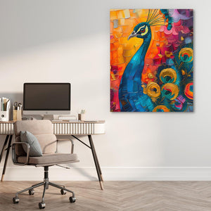 a painting of a peacock on a wall above a desk