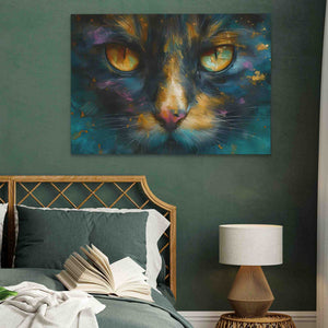 a painting of a cat on a wall above a bed