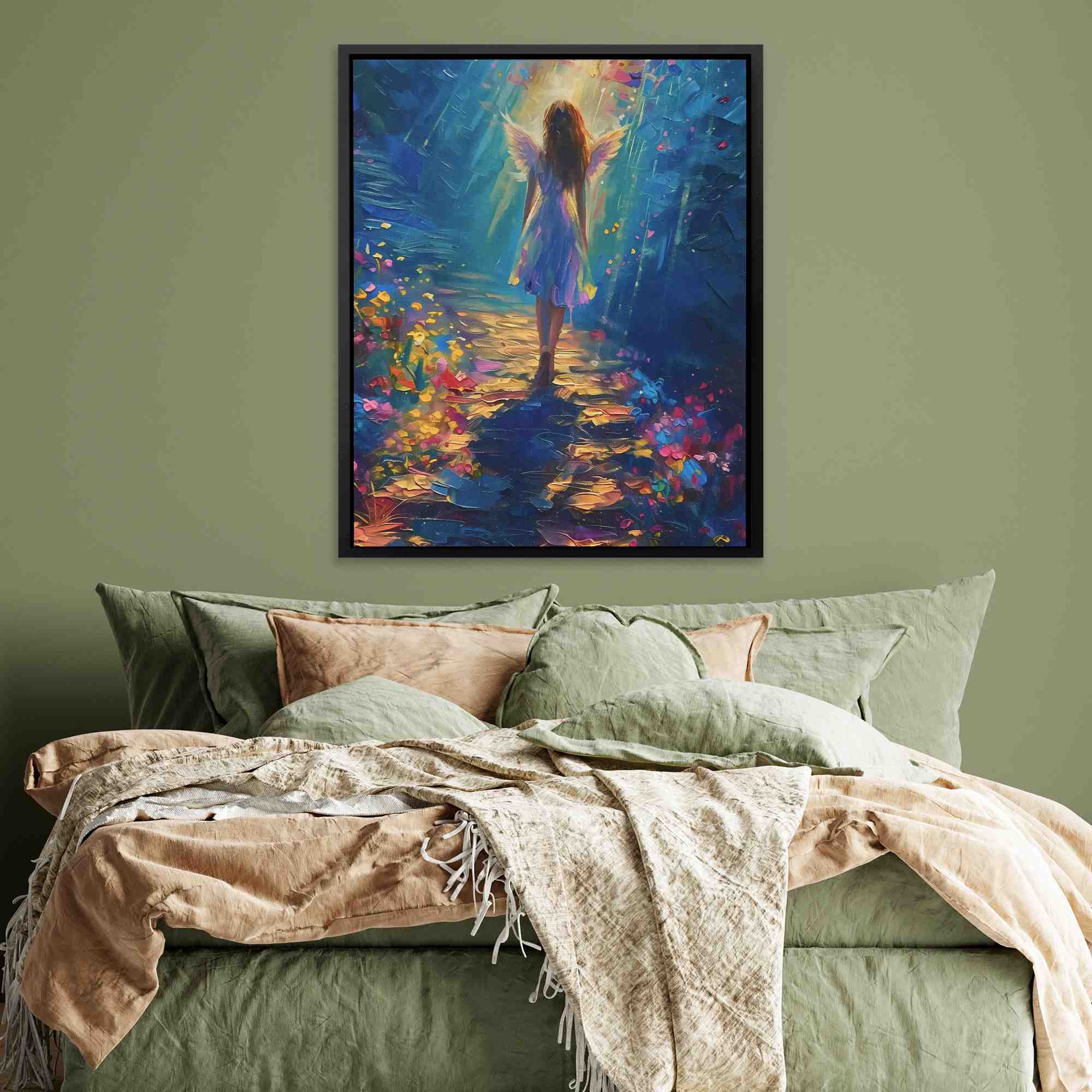 a painting of a girl walking down a path
