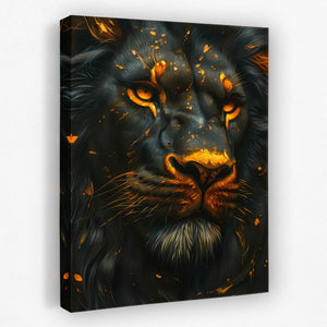 a painting of a lion with orange eyes