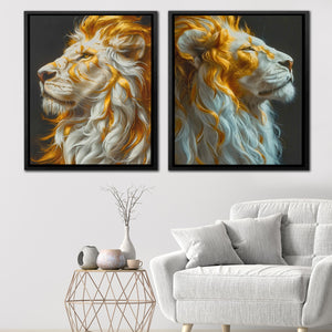 two paintings of a lion on a wall in a living room