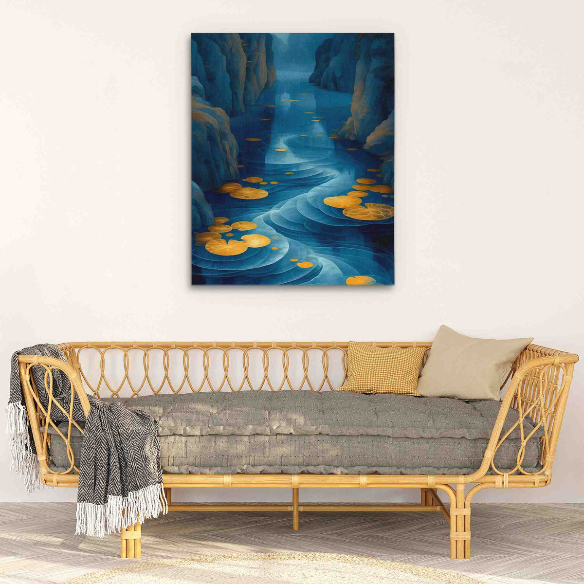 a living room with a couch and a painting on the wall