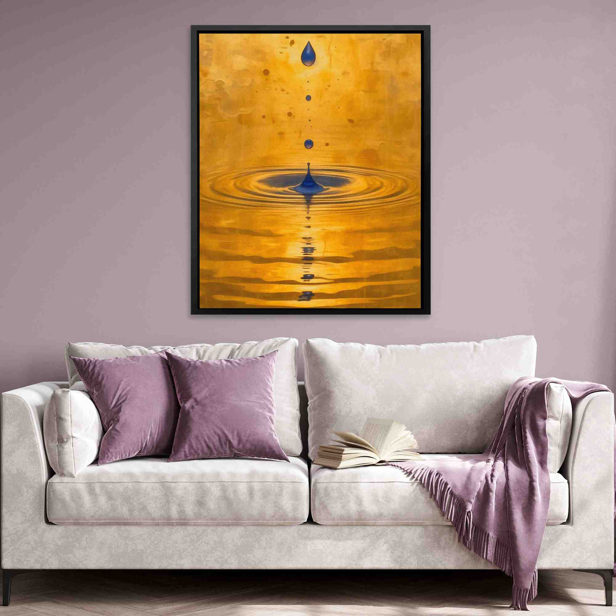 a living room with a couch and a painting on the wall