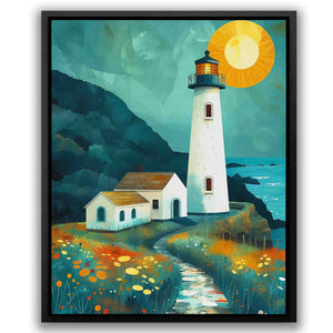 a painting of a lighthouse on a cliff by the ocean