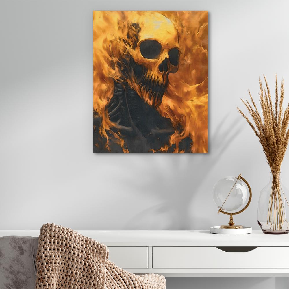 a painting of a skull in flames on a canvas