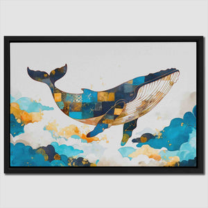 a painting of a blue whale floating in the air