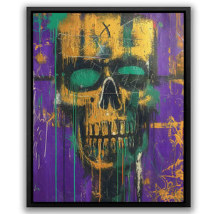 a painting of a skull with green eyes