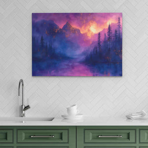 a painting hanging on a wall above a kitchen sink