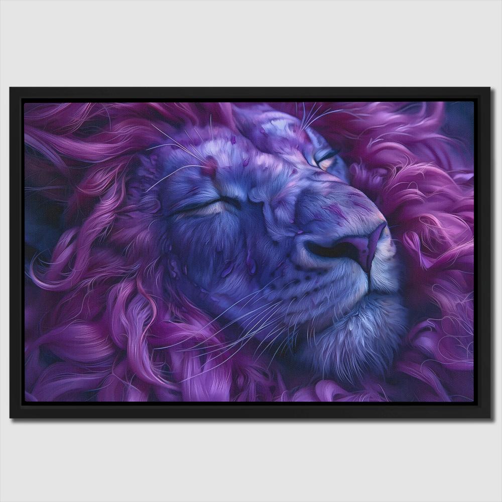 a painting of a purple lion with its eyes closed